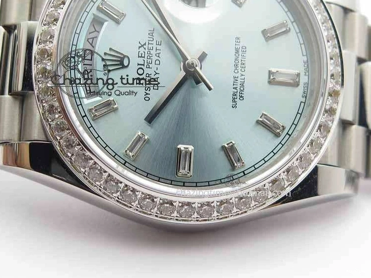 MiroTime 1218 Stylish Day Date 40mm SS BP Maker Best Edition Diamond Bezel Ice Blue Dial On SS Bracelet ETA 3699